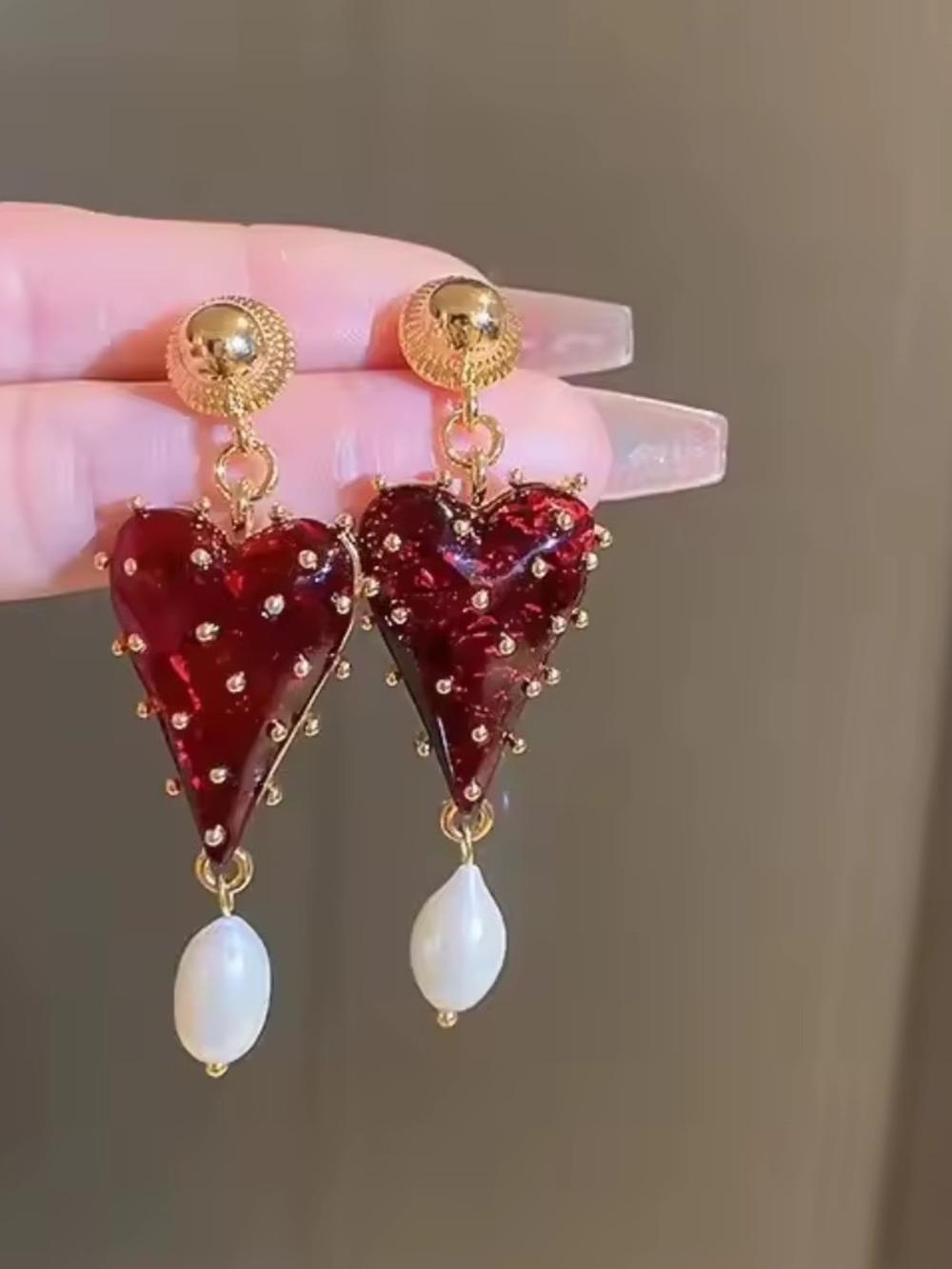 Red Heart Pearl Drop Gold Earrings